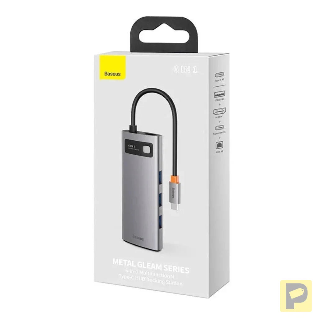 Hub 6in1 Baseus Metal Gleam Series, USB-C to 3x USB 3.0 + HDMI + USB-C PD + Ethernet RJ45