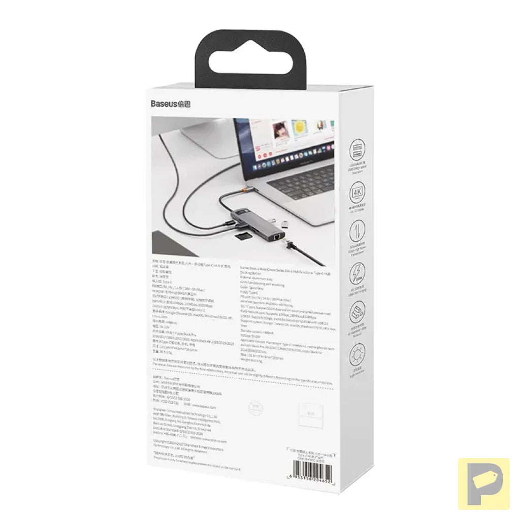 Hub 8in1 Baseus Metal Gleam Series, USB-C to 3x USB 3.0 + HDMI + USB-C PD + Ethernet RJ45 + microSD/SD