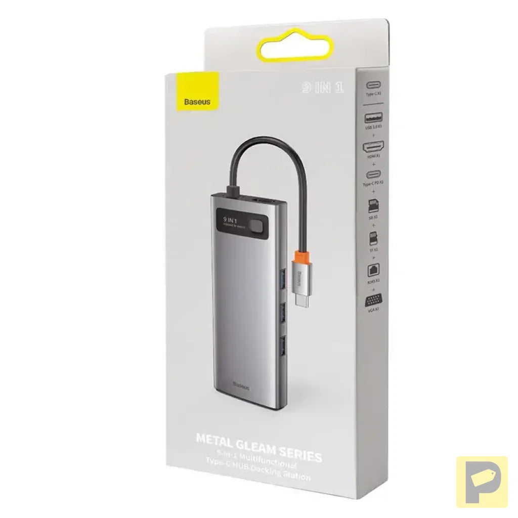 Hub 9in1 Baseus Metal Gleam Series, USB-C to 3x USB 3.0 + HDMI + USB-C PD + Ethernet RJ45 + microSD/SD + VGA