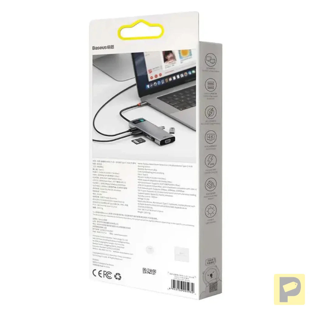 Hub 9in1 Baseus Metal Gleam Series, USB-C to 3x USB 3.0 + HDMI + USB-C PD + Ethernet RJ45 + microSD/SD + VGA