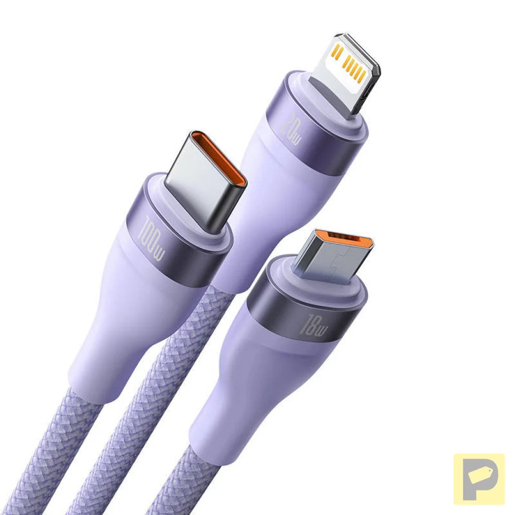 Kabel USB 3w1 Baseus Flash Series 2, USB-C + micro USB + Lightning, 100W, 1.5m (fioletowy)