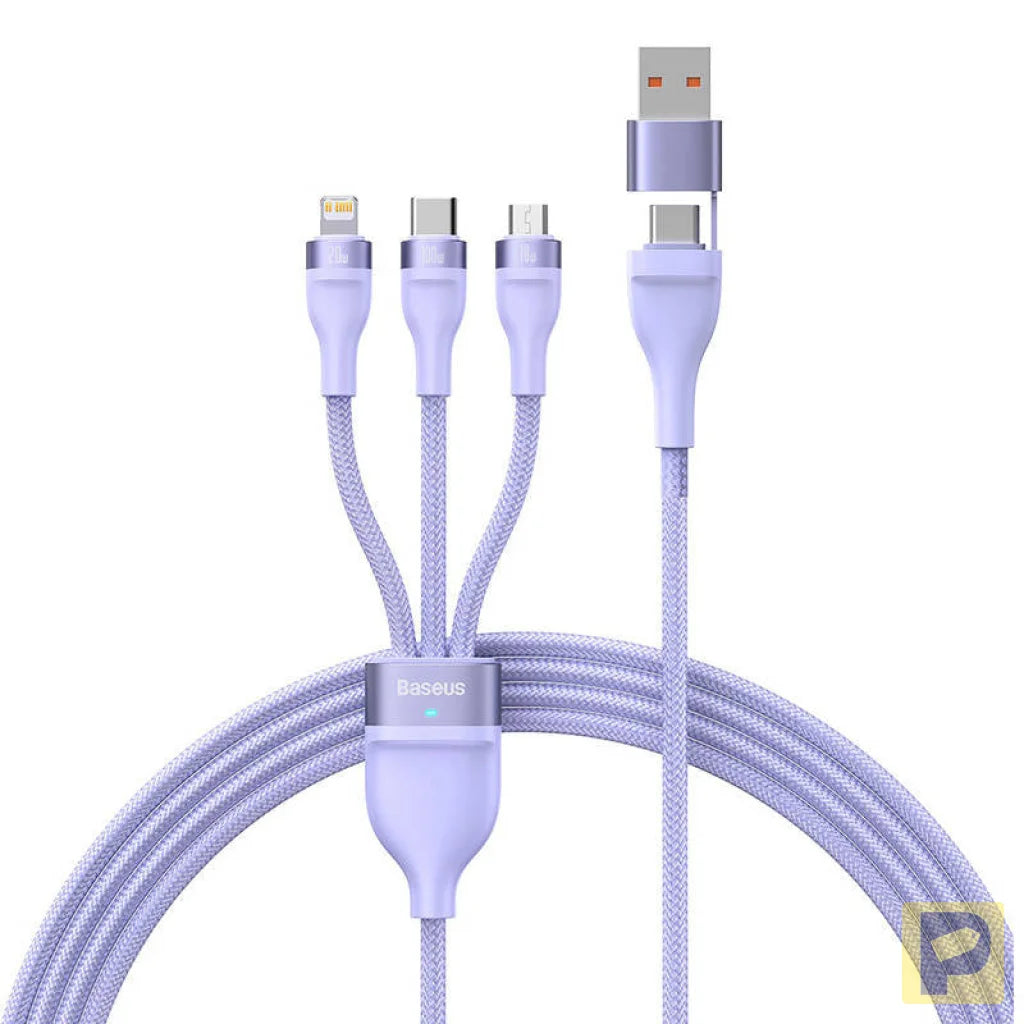 Kabel USB 3w1 Baseus Flash Series 2, USB-C + micro USB + Lightning, 100W, 1.5m (fioletowy)
