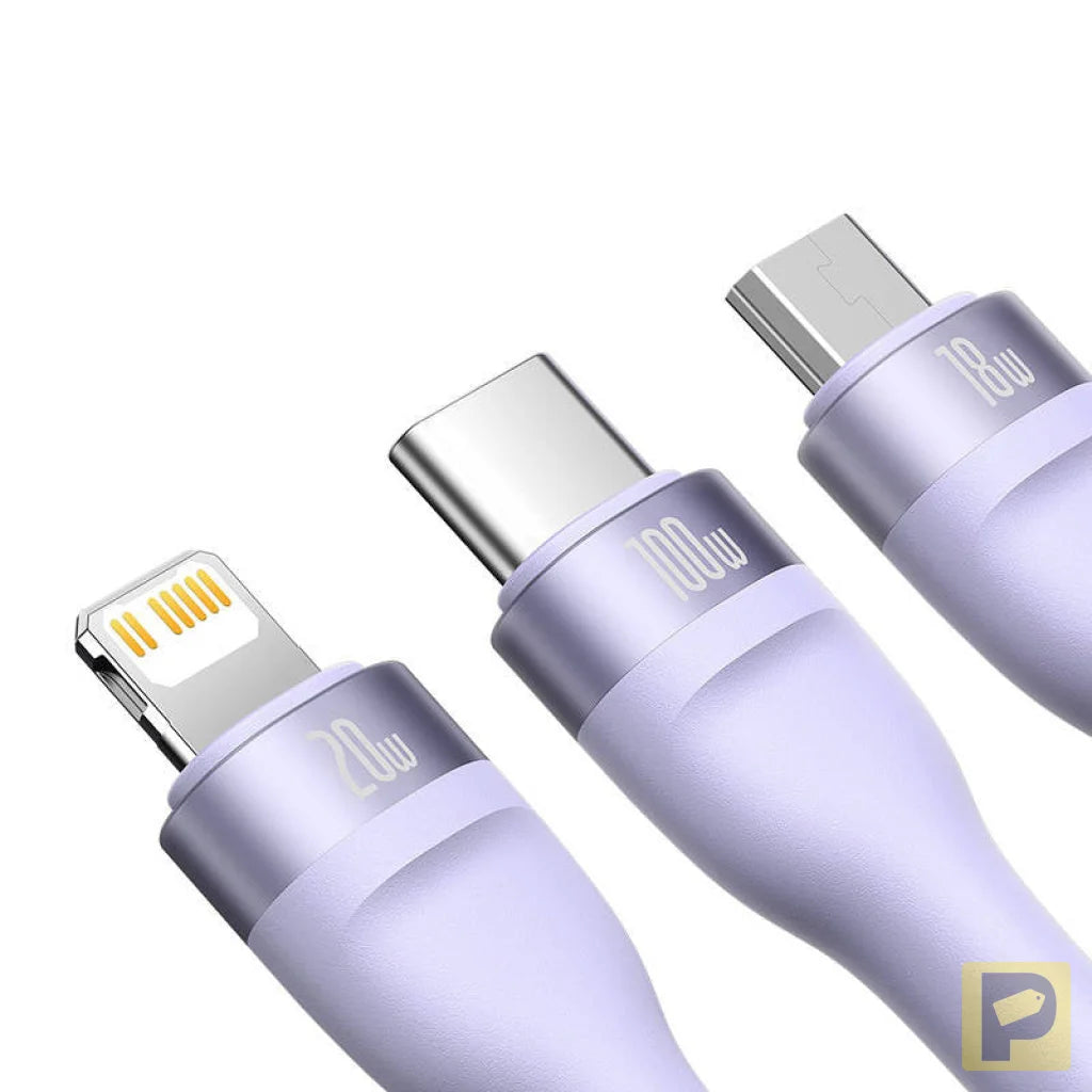 Kabel USB 3w1 Baseus Flash Series 2, USB-C + micro USB + Lightning, 100W, 1.5m (fioletowy)