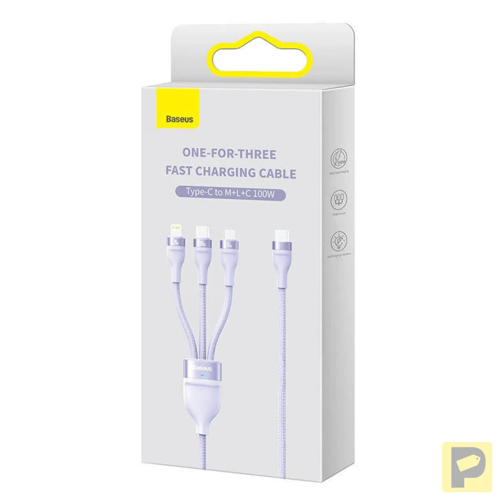 Kabel USB 3w1 Baseus Flash Series 2, USB-C + micro USB + Lightning, 100W, 1.5m (fioletowy)