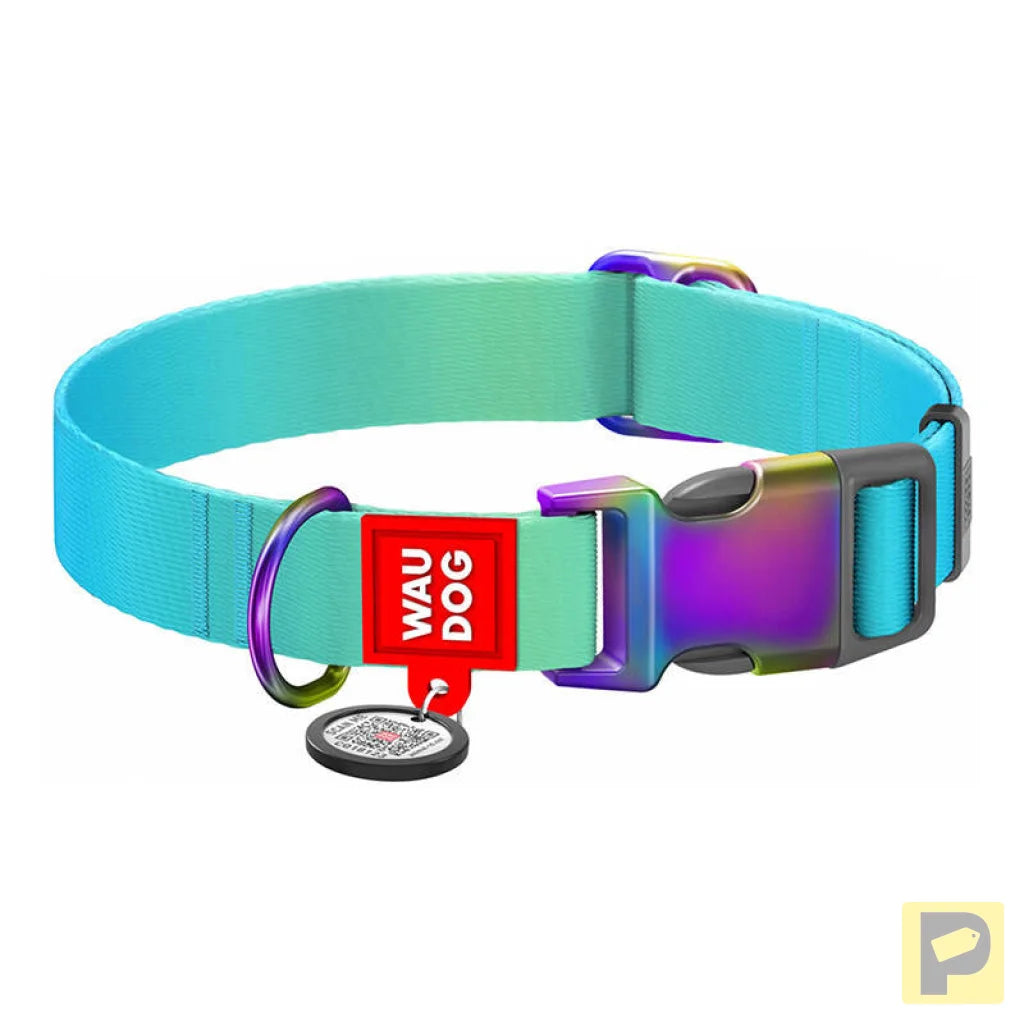Nylon dog collar with QR code WAUDOG 15 mm wide, 25-35 cm long blue