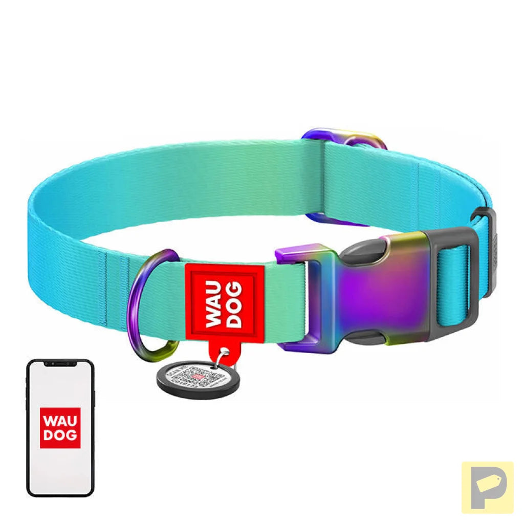Nylon dog collar with QR code WAUDOG 15 mm wide, 25-35 cm long blue