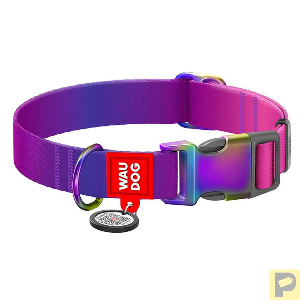 Nylon dog collar with QR code WAUDOG 15 mm wide, 25-35 cm long purple