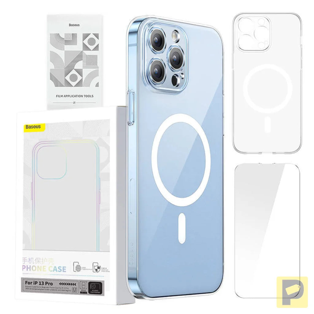 Phone case Baseus Magnetic Crystal Clear for iPhone 13 Pro (transparent) with all-tempered-glass screen protector and cleaning kit