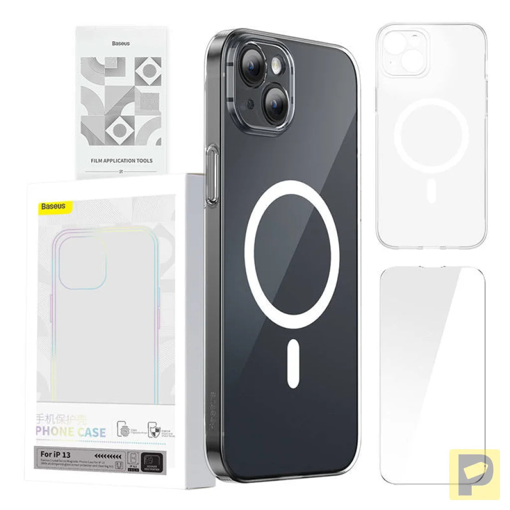 Phone case Baseus Magnetic Crystal Clear for iPhone 13 (transparent) with all-tempered-glass screen protector and cleaning kit