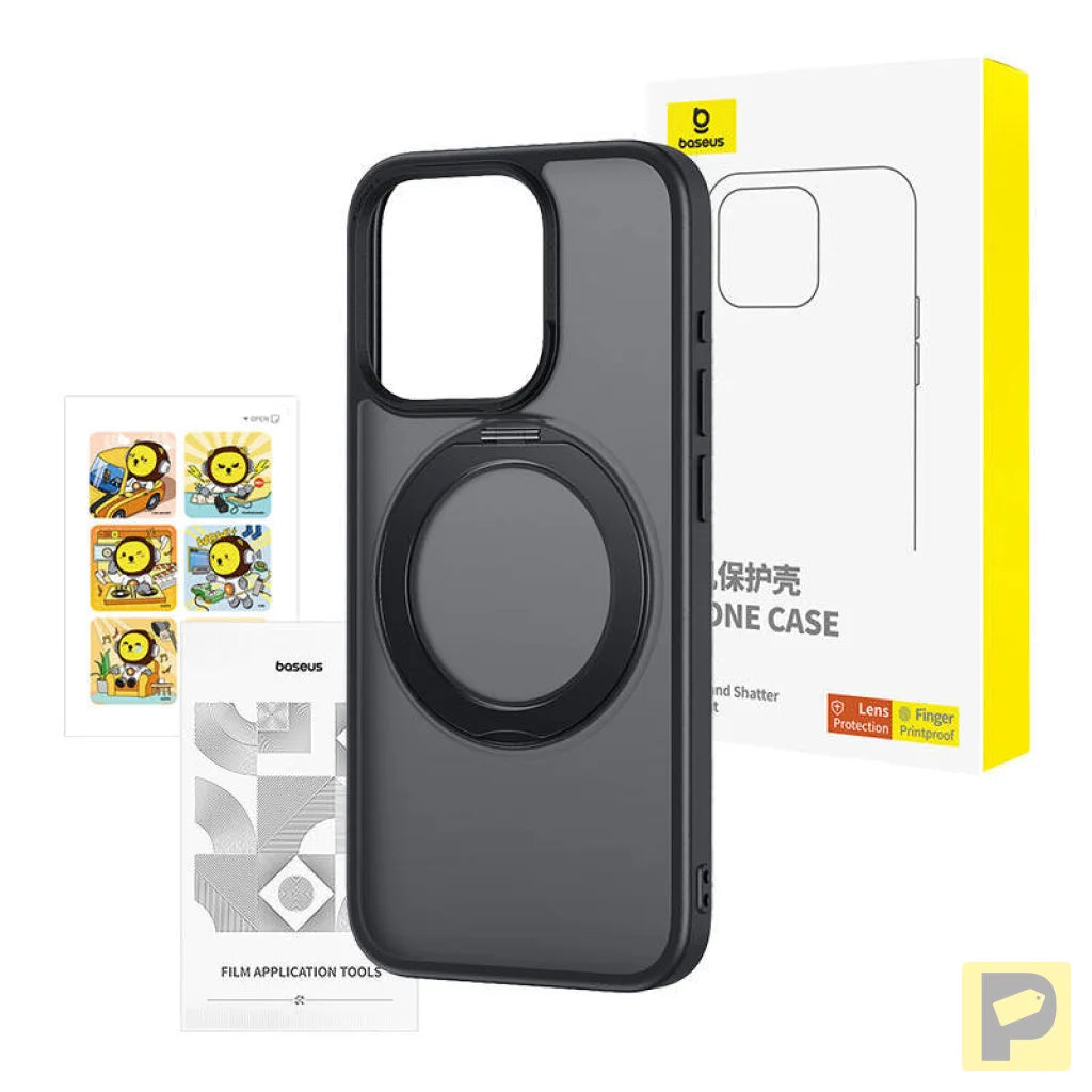 Phone Case Baseus SkyRing Magnetic with Stand for iP 15 Pro + tempered-glass and cleaning kit (black)