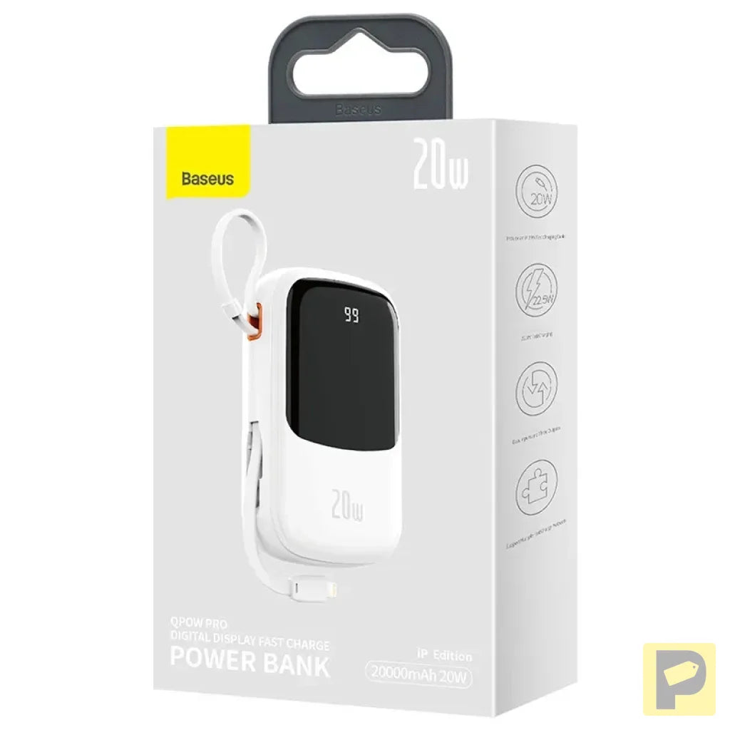 Powerbank Baseus Qpow PRO with Lightning cable, USB-C port and USB 20000mAh, 20W  (White)