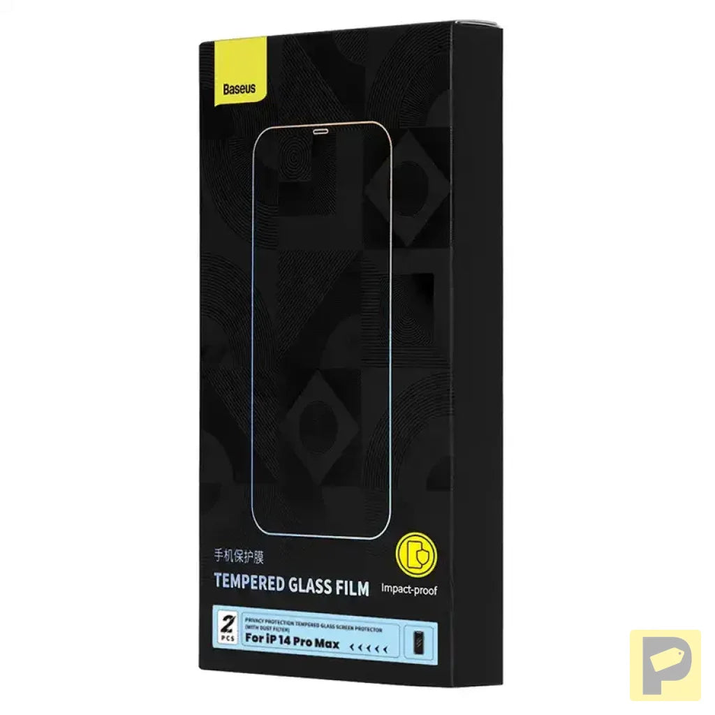 Privacy tempered Glass Baseus Iphone 14 Pro Max (2pcs) with 2 cleaning kits and dust-proof installation tool