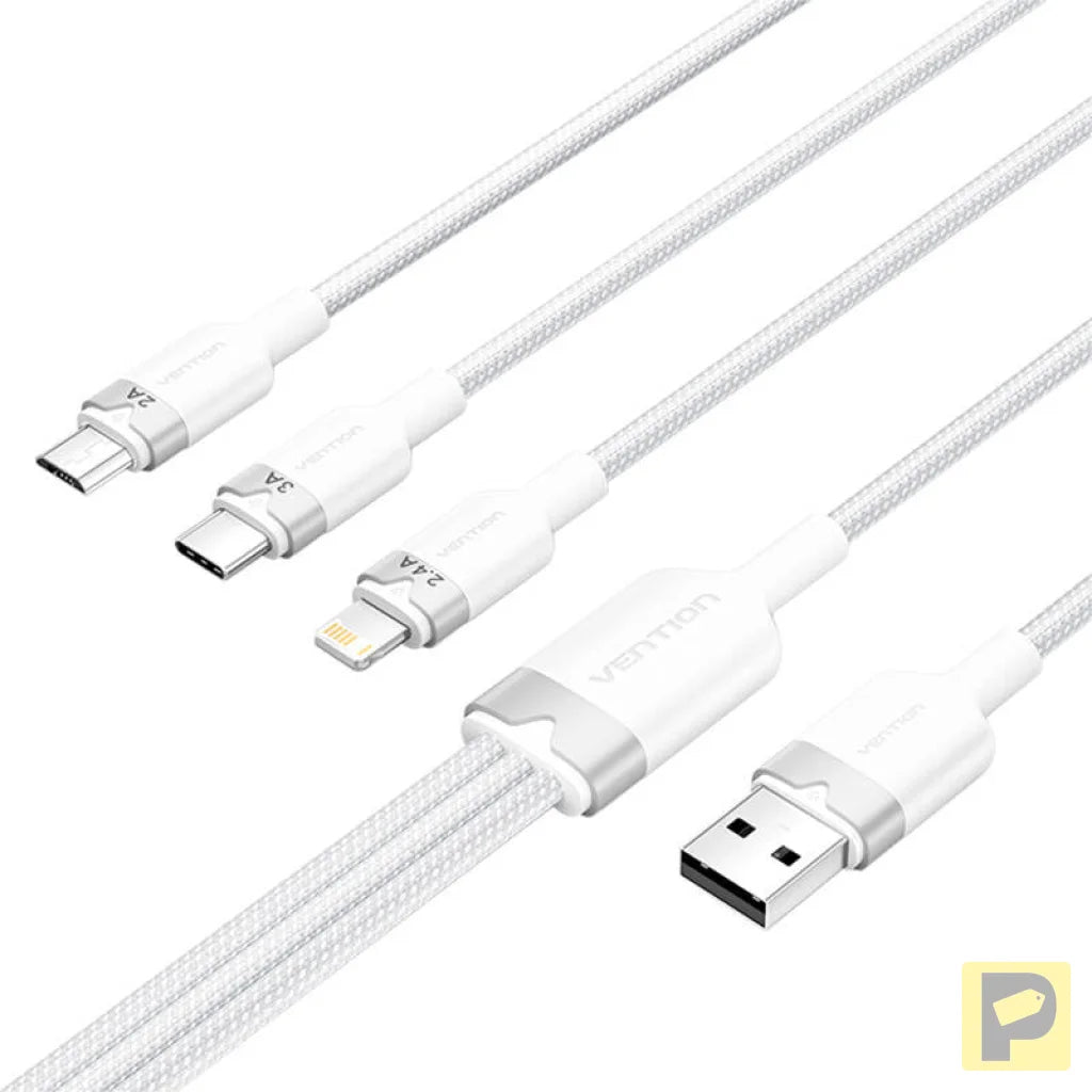 USB 2.0 A to 3in1 3A cable Vention CTPWG 1.5M (white)