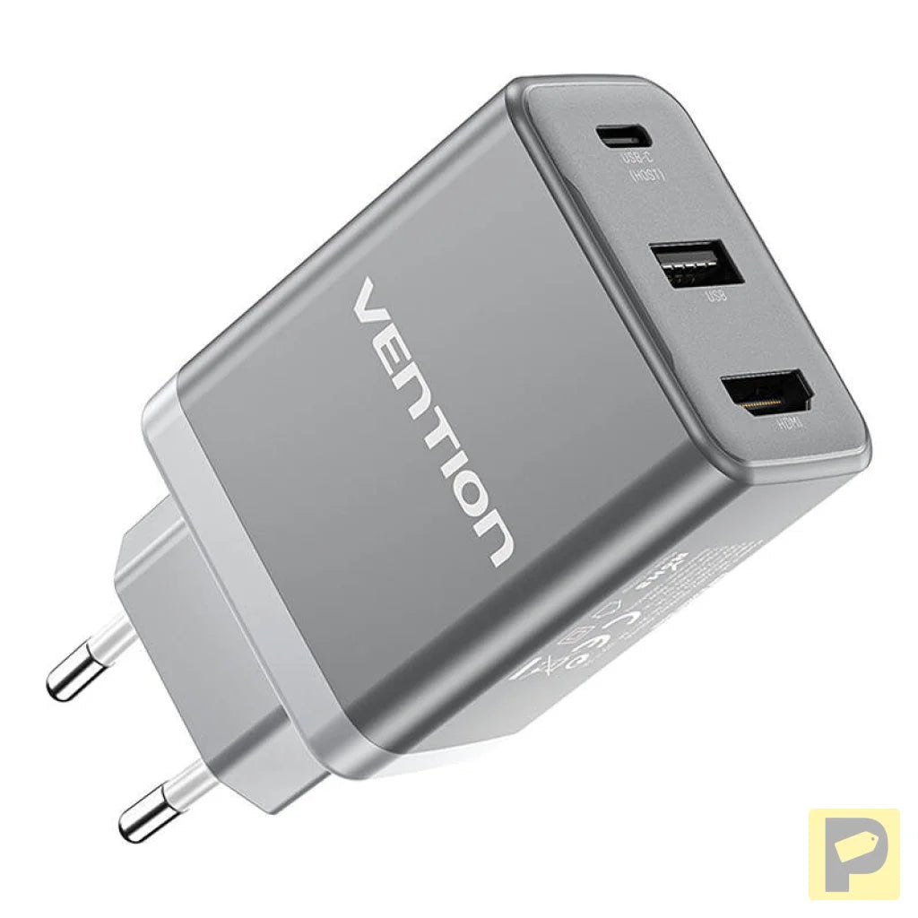 Vention FJAH0-EU USB(C+A)+HDMI GaN mains charger (60W/5W/4K@60Hz) (grey)