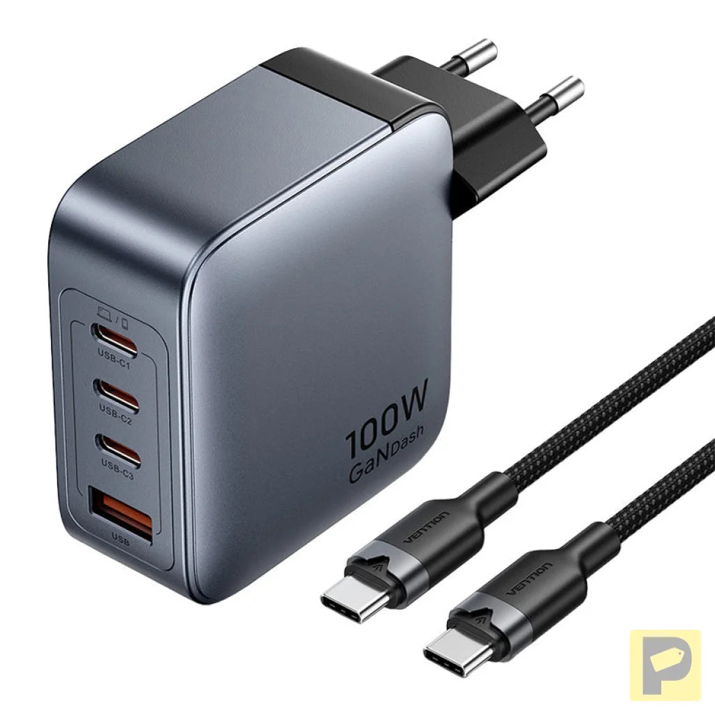 Vention power charger 3x USB-C, 1x USB-A, (100W/100W/30W/30W) (grey) with USB-C to USB-C cable (1m) (black)