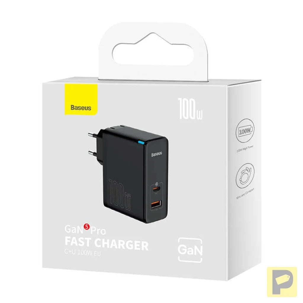Wall charger Baseus GaN USB-C + USB, 100W + 1m cable (black)