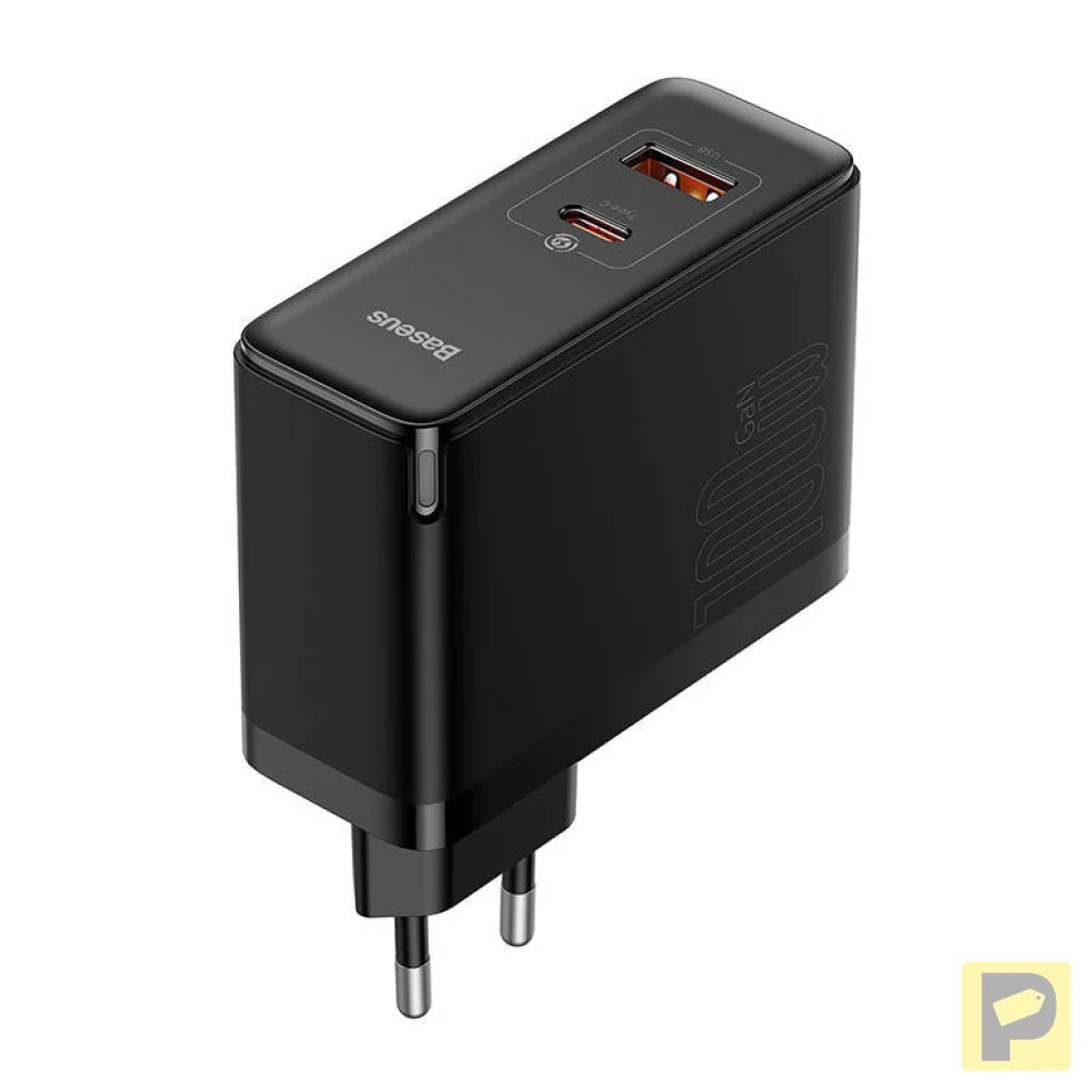 Wall charger Baseus GaN USB-C + USB, 100W + 1m cable (black)