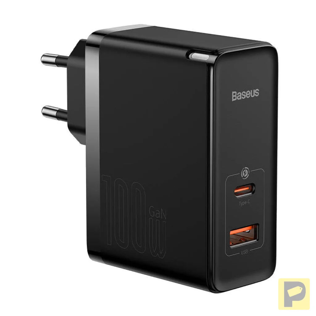 Wall charger Baseus GaN USB-C + USB, 100W + 1m cable (black)