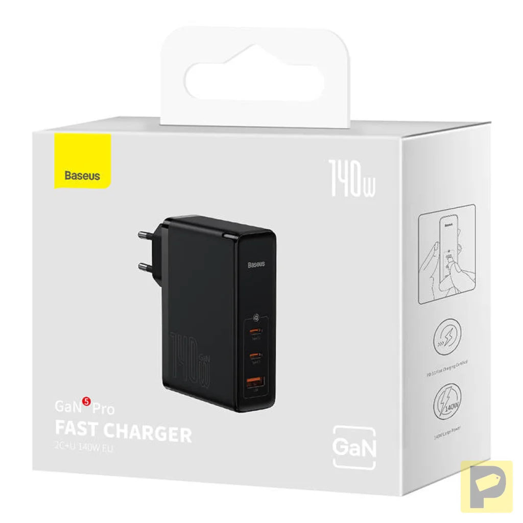 Wall charger Baseus GaN5 Pro 2xUSB-C + USB, 140W (black)