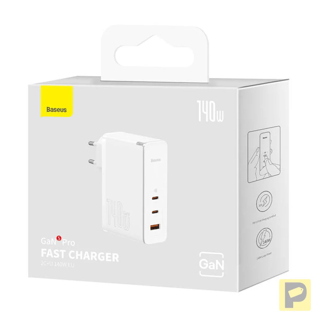 Wall charger Baseus GaN5 Pro 2xUSB-C + USB, 140W (white)