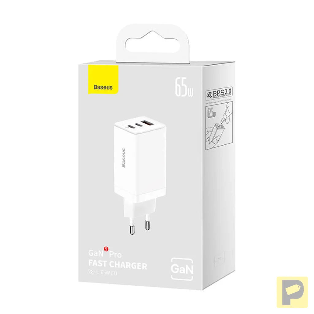 Wall charger Baseus GaN5 Pro 2xUSB-C + USB, 65W (white)