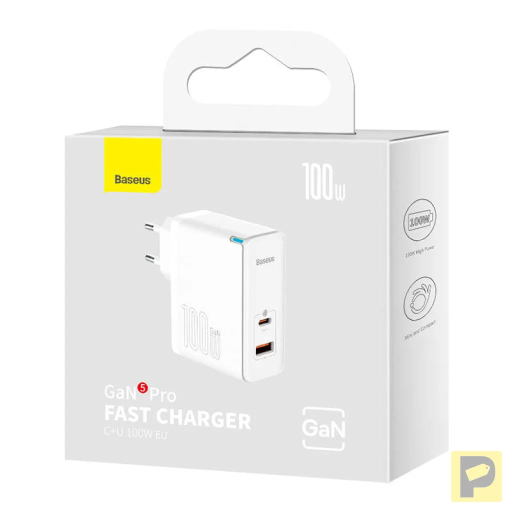 Wall charger Baseus GaN5 Pro USB-C + USB, 100W + 1m cable (white)