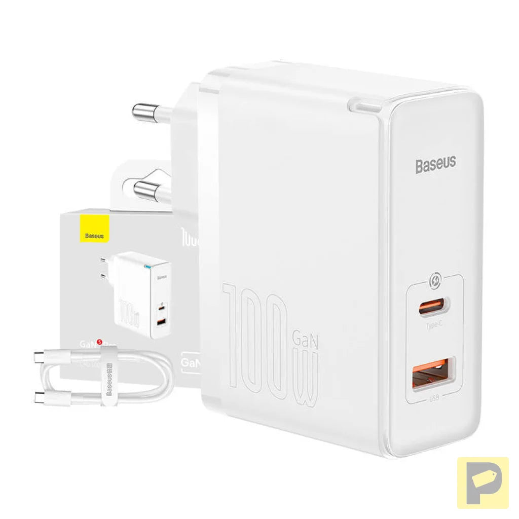 Wall charger Baseus GaN5 Pro USB-C + USB, 100W + 1m cable (white)