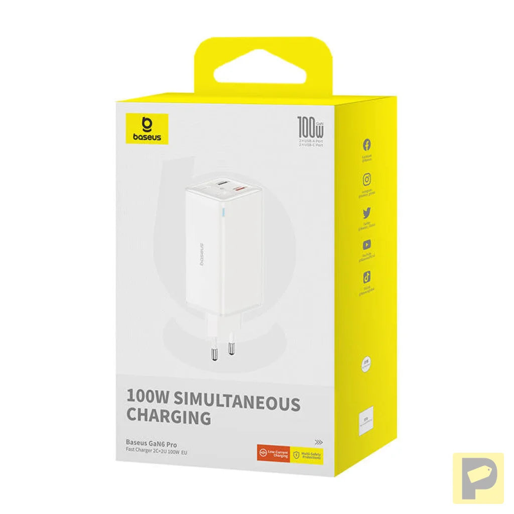 Wall charger Baseus GaN6 Pro 2xUSB-C + 2xUSB, 100W (white)