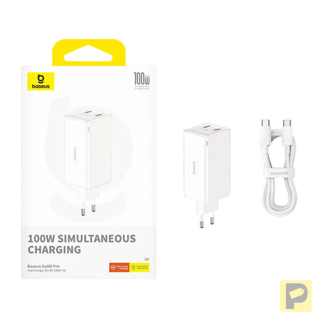 Wall charger Baseus GaN6 Pro 2xUSB-C + 2xUSB, 100W (white)