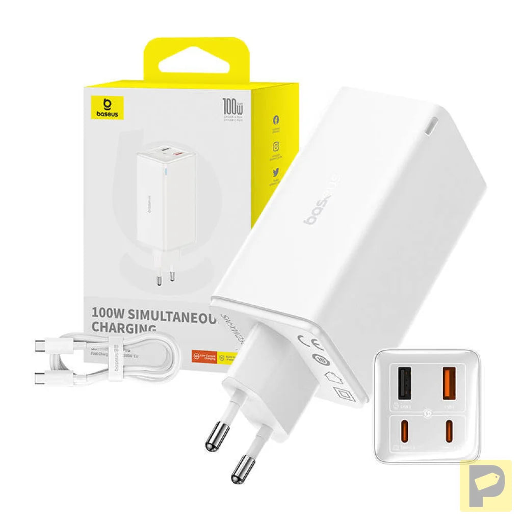 Wall charger Baseus GaN6 Pro 2xUSB-C + 2xUSB, 100W (white)