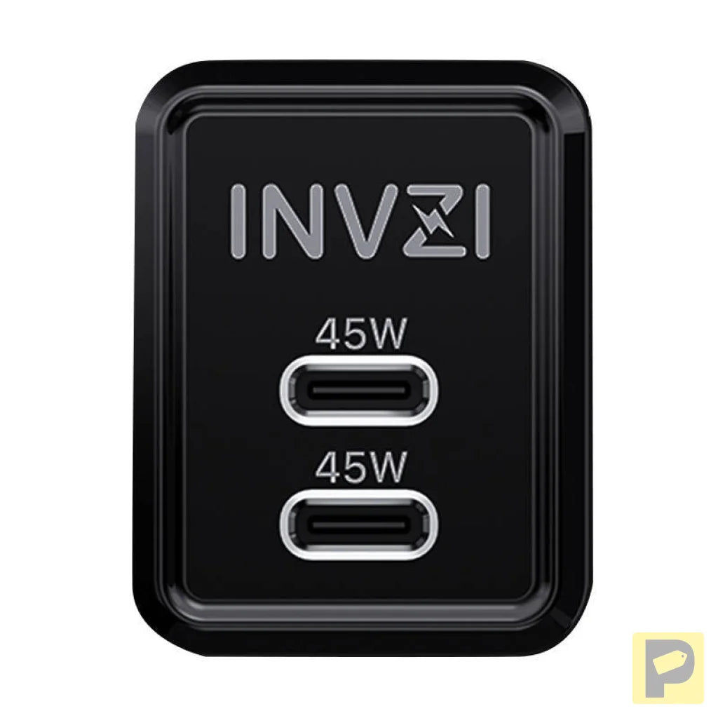 Wall charger INVZI GaN 2x USB-C, 45W, EU (black)