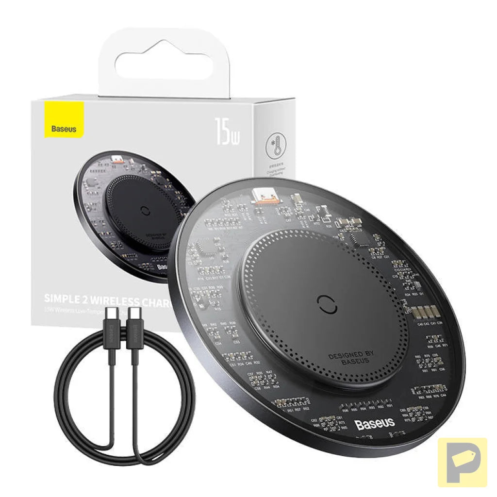 Wireless Qi inductive charger Baseus Simple 2, 15W with USB-C to USB-C cable (black)